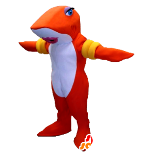 Fiskemaskot, orange og hvid haj med armbånd - Spotsound maskot