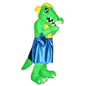 Groen en geel krokodil mascotte met een blauwe jurk - MASFR21286 - Mascot krokodillen