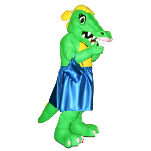 Grüne und gelbe Krokodil-Maskottchen mit einem blauen Kleid - MASFR21286 - Maskottchen der Krokodile