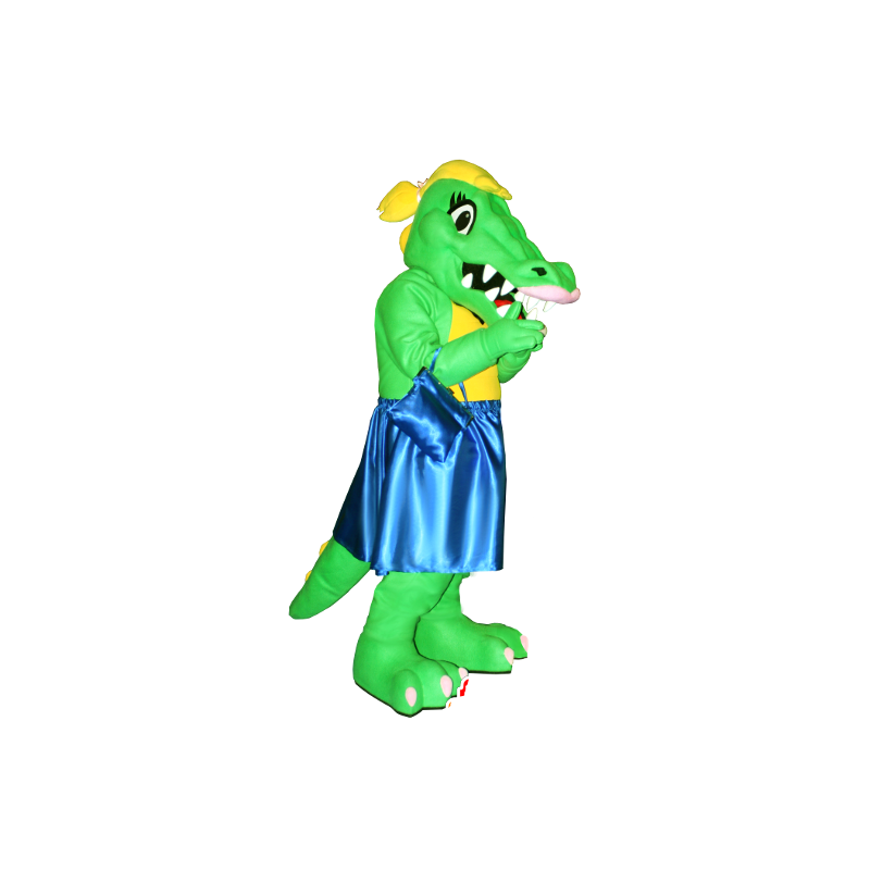 Grön och gul krokodilmaskot med en blå klänning - Spotsound