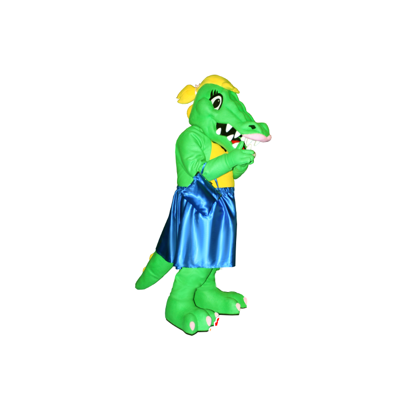 Mascote crocodilo verde e amarelo com um vestido azul - MASFR21286 - crocodilos mascote