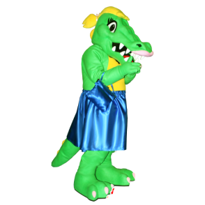 Green and yellow crocodile mascot with a blue dress - MASFR21286 - Mascot of crocodiles