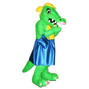 Mascotte de crocodile vert et jaune avec une robe bleue - MASFR21286 - Mascotte de crocodiles