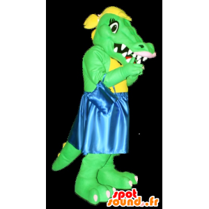 Groen en geel krokodil mascotte met een blauwe jurk - MASFR21286 - Mascot krokodillen