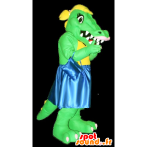 Green and yellow crocodile mascot with a blue dress - MASFR21286 - Mascot of crocodiles