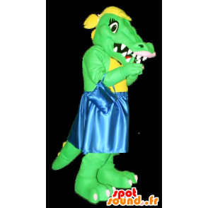 Grüne und gelbe Krokodil-Maskottchen mit einem blauen Kleid - MASFR21286 - Maskottchen der Krokodile