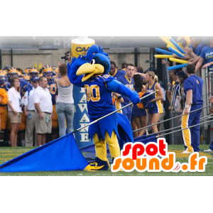 Blå og gul fuglemaskot i sportstøj - Spotsound maskot kostume