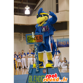 Blå og gul fuglemaskot i sportstøj - Spotsound maskot kostume