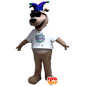 Beige hond mascotte met een gekke hoed Koning - MASFR21295 - Dog Mascottes