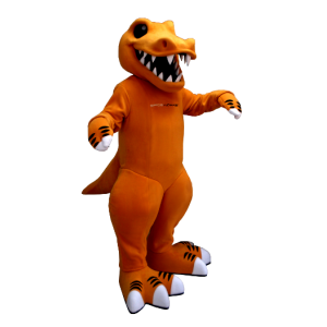 Oranžová a bílá dinosaurus maskot, s velkými zuby - MASFR21298 - Dinosaur Maskot