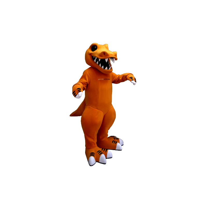 Mascotte de dinosaure orange et blanc, avec de grandes dents - MASFR21298 - Mascottes Dinosaure