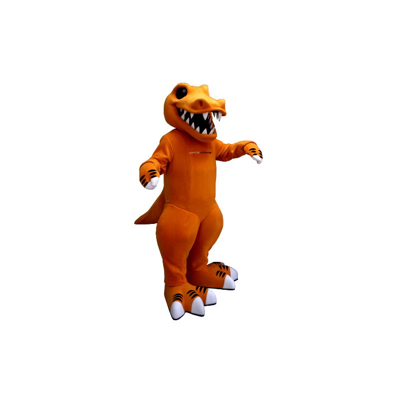 Oransje og hvit dinosaur maskot, med store tenner - MASFR21298 - Dinosaur Mascot