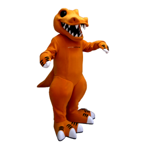 Mascotte de dinosaure orange et blanc, avec de grandes dents - MASFR21298 - Mascottes Dinosaure