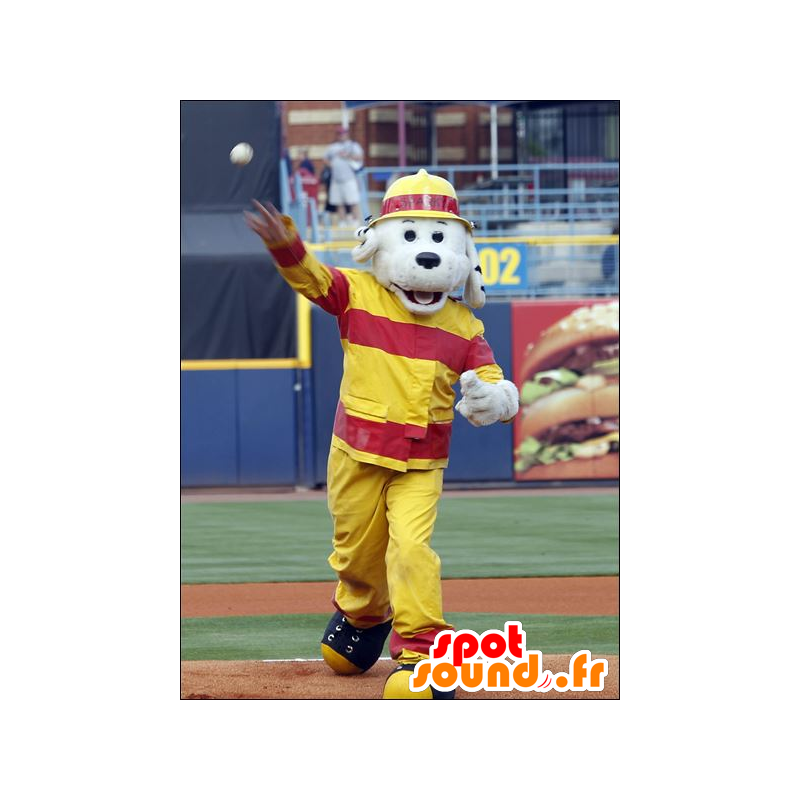 Gray dog ​​mascot, dressed in firefighting gear - MASFR21299 - Dog mascots