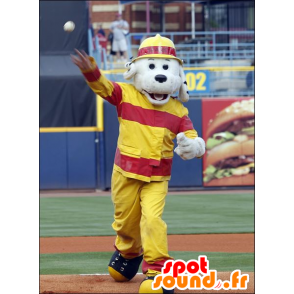 Gray dog ​​mascot, dressed in firefighting gear - MASFR21299 - Dog mascots