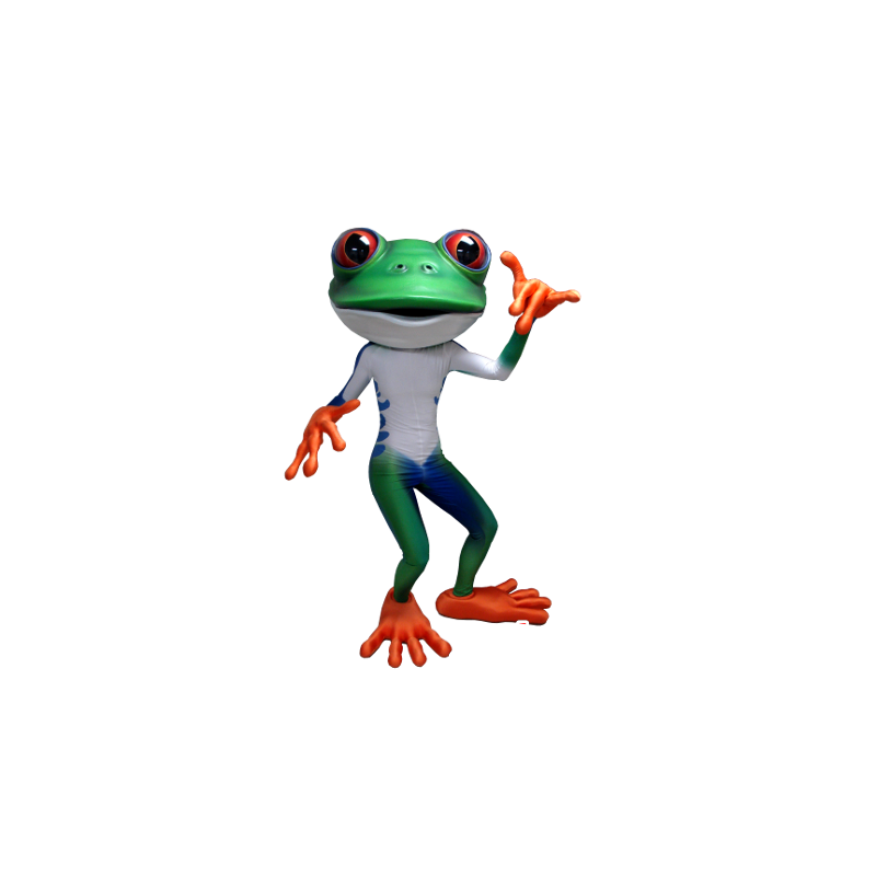 Green frog mascot, white, blue and orange - MASFR21300 - Mascots frog