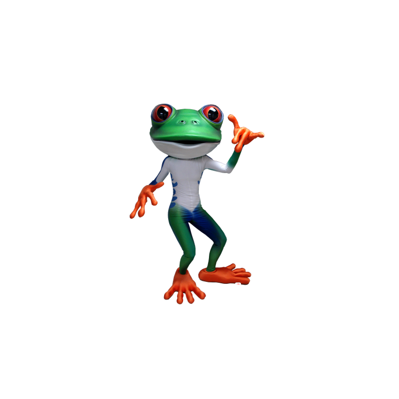 Maskotka zielona żaba, biały, niebieski i pomarańczowy - MASFR21300 - żaba Mascot