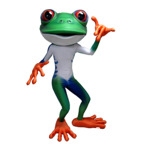 Green frog mascot, white, blue and orange - MASFR21300 - Mascots frog