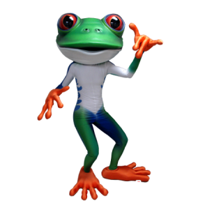 Mascotte de grenouille verte, blanche, bleue et orange - MASFR21300 - Mascottes Grenouille