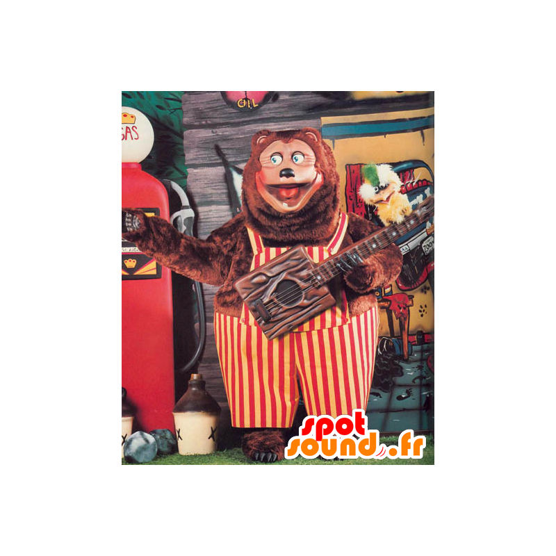 Mascot grande urso marrom com um macacão vermelho e amarelo - MASFR21302 - mascote do urso