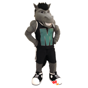 Gray horse mascot with an outfit of black sports - MASFR21303 - Mascots horse