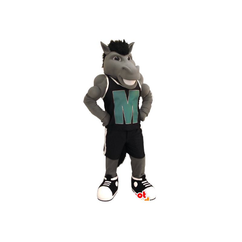 Gray horse mascot with an outfit of black sports - MASFR21303 - Mascots horse