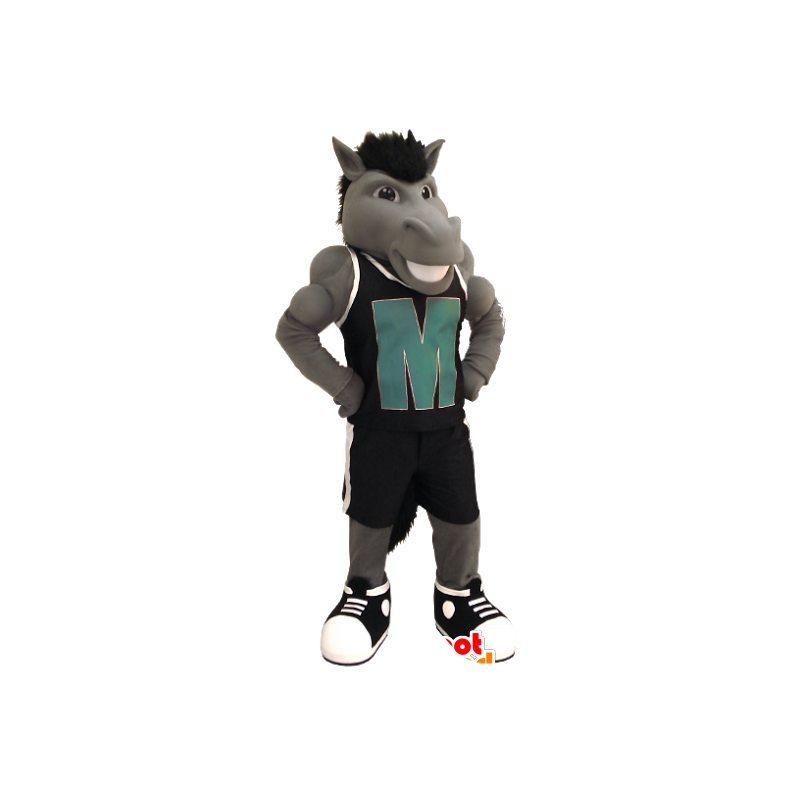 Mascota de caballo gris con un traje de deporte negro - MASFR21303 - Caballo de mascotas