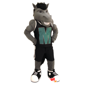 Gray horse mascot with an outfit of black sports - MASFR21303 - Mascots horse