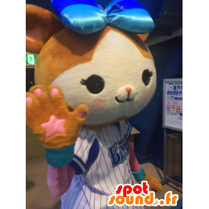 Mascotte small brown and white rabbit, with a big head - MASFR21308 - Rabbit mascot