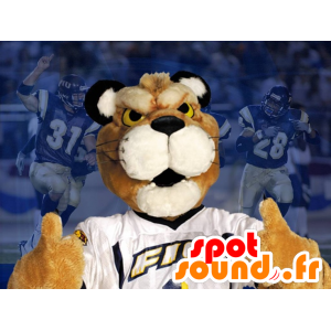 Mascotte de tigre beige et blanc, avec un t-shirt blanc - MASFR21313 - Mascottes Tigre