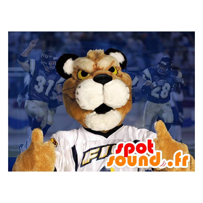 Beige og hvid tiger maskot med en hvid t-shirt - Spotsound Beige og hvid tiger maskot med en hvid t-shirt - Spotsound