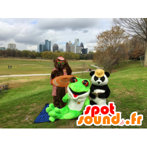 3 mascotas: un oso pardo, un panda y una rana verde - MASFR21324 - Mascota de los pandas
