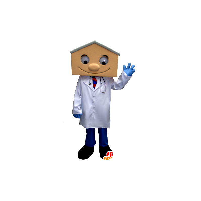 Mascotte de médecin en blouse, avec une tête en forme de maison - MASFR21346 - Mascottes Maison