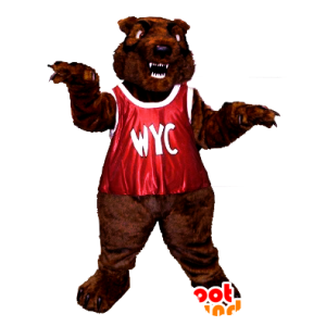 Mascot orso bruno, ruggente, con un pettorale rosso - MASFR21351 - Mascotte orso