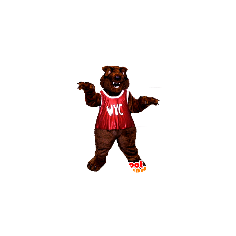 Mascot oso pardo, rugiendo, con un babero rojo - MASFR21351 - Oso mascota