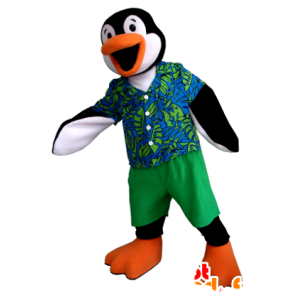 Mascot pinguim preto, branco e laranja com uma roupa colorida - MASFR21353 - pinguim mascote