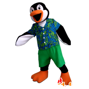 Mascot pingvin svart, hvit og oransje med en fargerik drakt - MASFR21353 - Penguin Mascot