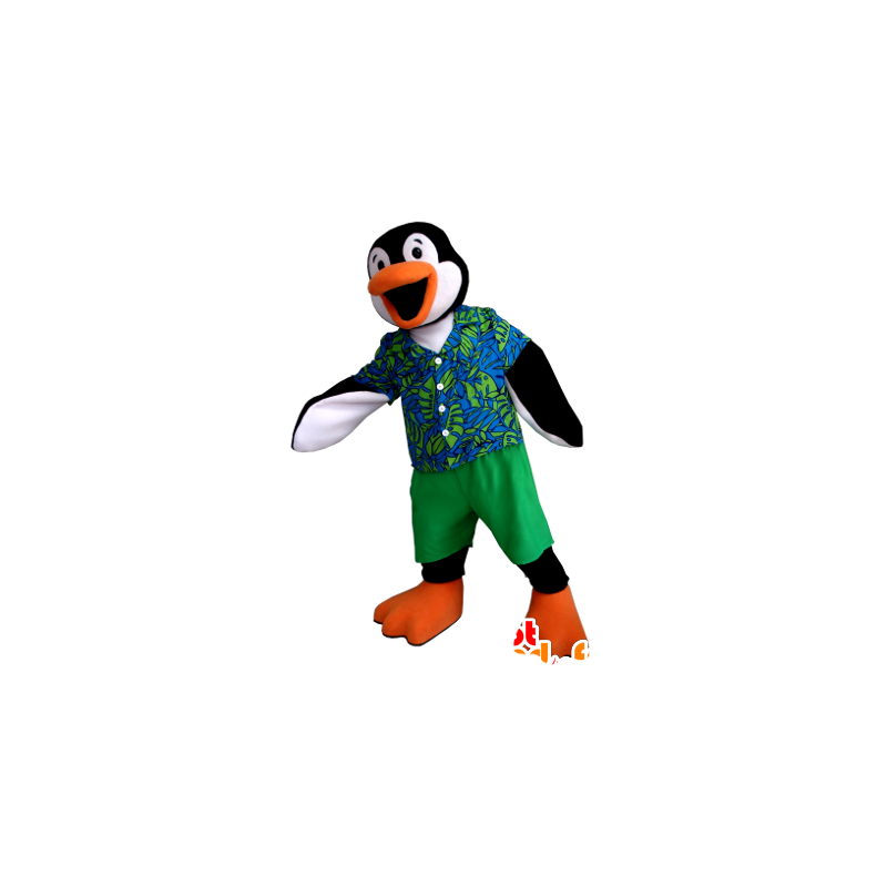 Pinguino mascotte nero, bianco e arancio con un vestito colorato - MASFR21353 - Mascotte pinguino