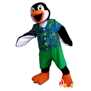 Mascot pinguim preto, branco e laranja com uma roupa colorida - MASFR21353 - pinguim mascote