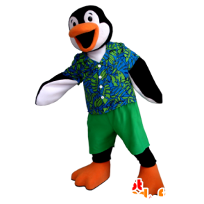 Mascot pinguïn zwart, wit en oranje met een kleurrijke outfit - MASFR21353 - Penguin Mascot