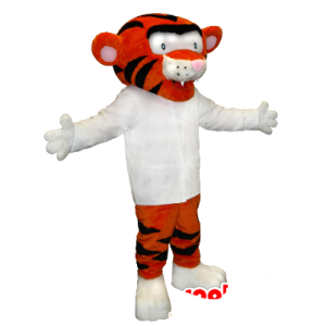 Mascotte de tigre orange et noir avec une chemise blanche - MASFR21354 - Mascottes Tigre