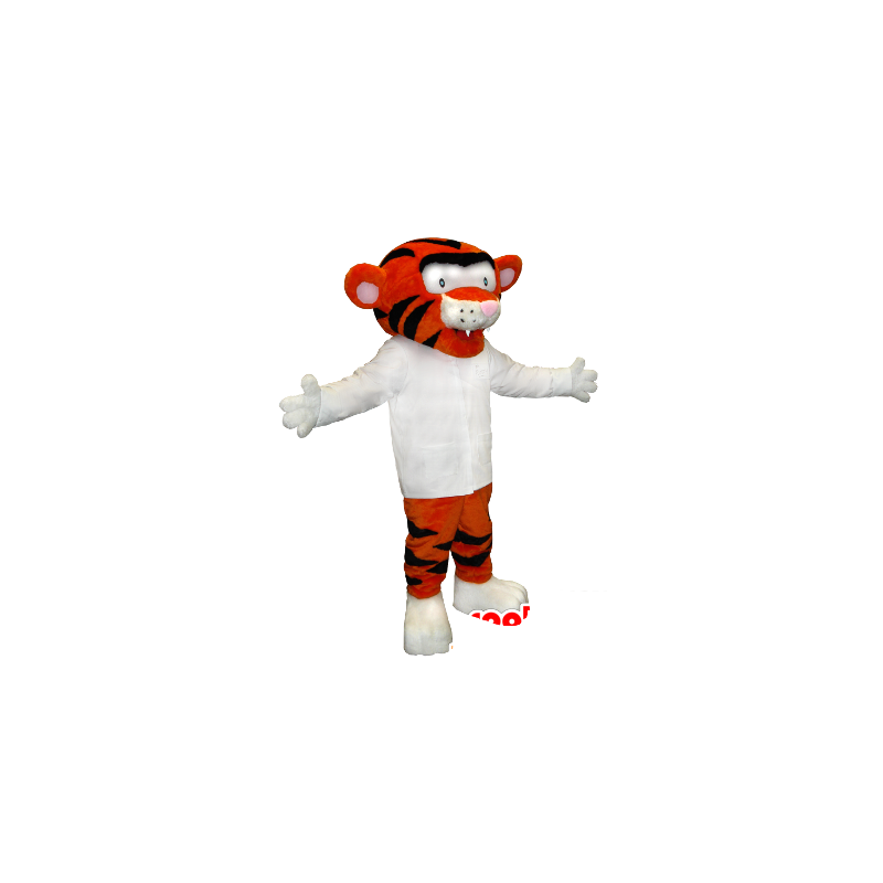 Arancione Mascot e tigre nera con una camicia bianca - MASFR21354 - Mascotte tigre