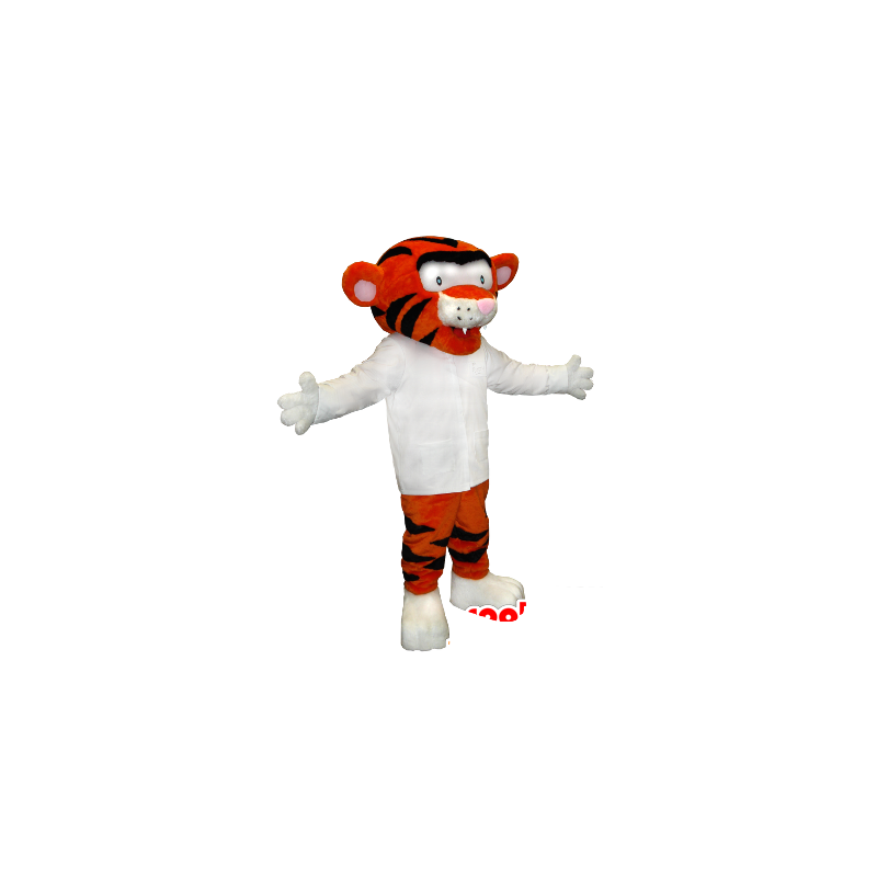 Mascotte de tigre orange et noir avec une chemise blanche - MASFR21354 - Mascottes Tigre