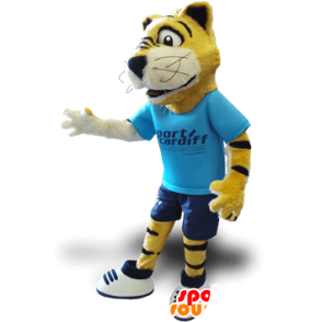 Gele tijger mascotte, zwart en wit, met een blauwe jurk - MASFR21356 - Tiger Mascottes