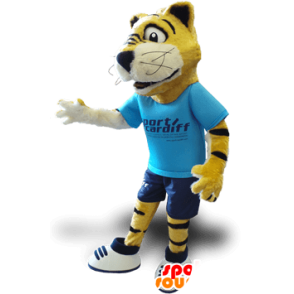 Yellow tiger mascot, black and white, with a blue outfit - MASFR21356 - Tiger mascots
