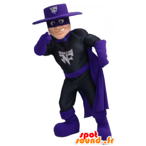Zorro maskot, superhelt i sort og lilla outfit - Spotsound