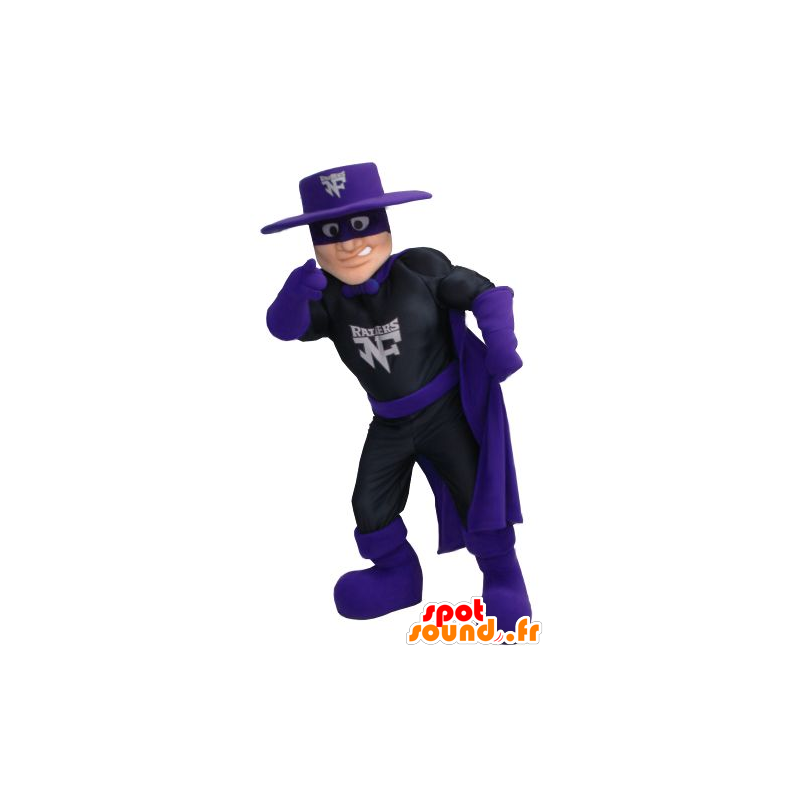 Mascot Zorro, superhero in a black dress and purple - MASFR21357 - Superhero mascot