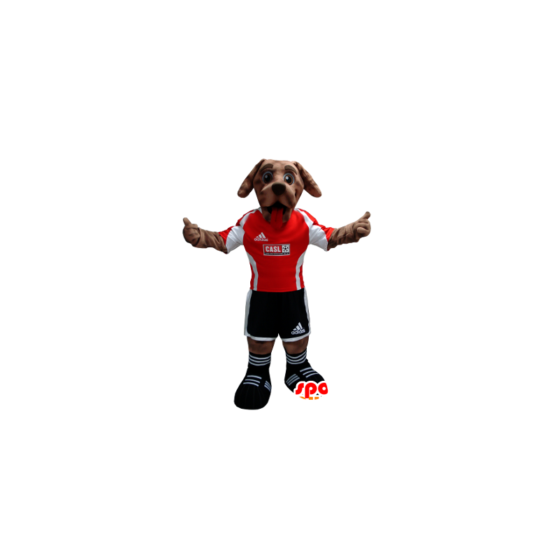 Hnědý pes maskot oblečený v černé a červené fotbalu - MASFR21359 - psí Maskoti
