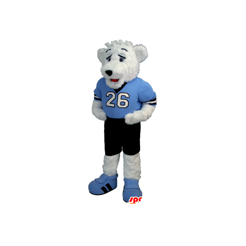 Isbjörnmaskot, nallebjörn, i blå och svart outfit - Spotsound