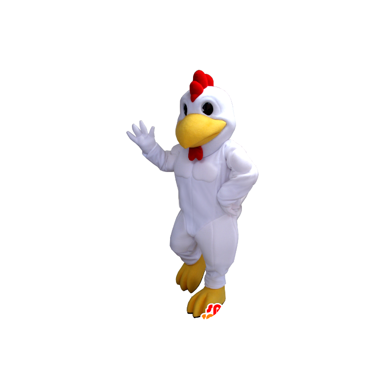 Kyllingemaskot, hvid, rød og gul hane, kæmpe - Spotsound maskot